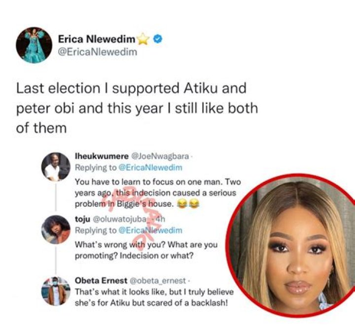 
Atiku Is Kiddwaya While Peter Obi Is Laycon- Reactions As BBNaija’s Erica Says She Supports Both Atiku And Peter Obi 